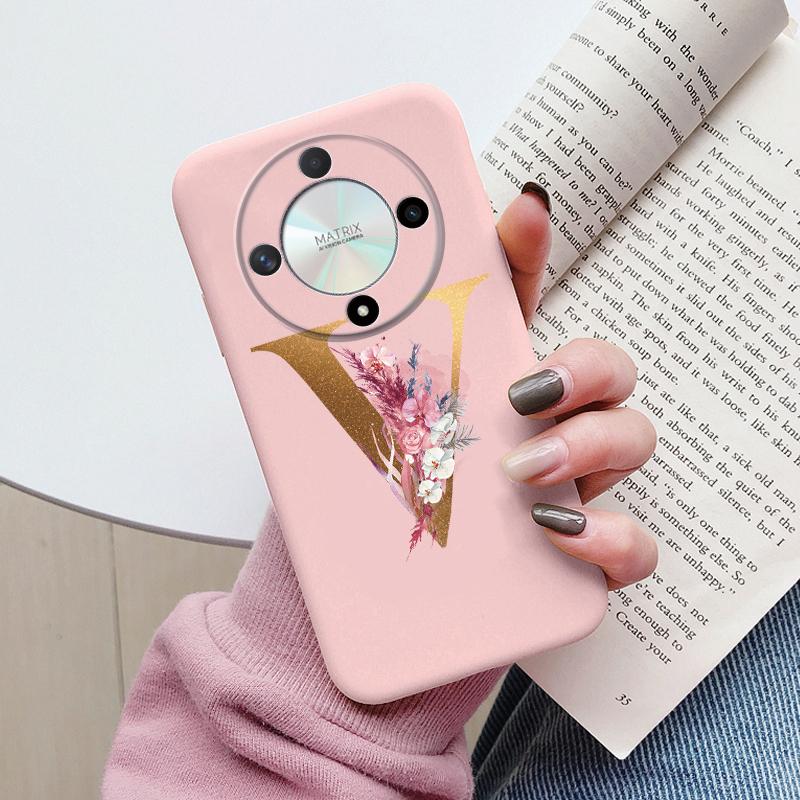 Buchstaben-Handyhülle für Honor X9b X9a Magic5 Lite Magic6 Lite 5G Hülle Retro-Blumen Rosa Schwarz Weiches TPU Initialen Silikon Fundas