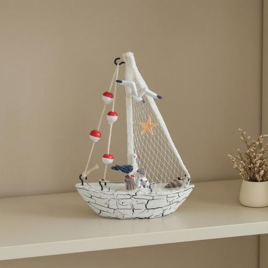 Nautical Wooden Sailboat Models Coastal Beach Style Blue White Ship Tabletop Figurine for Home Living Room Office Farmhouse Decor