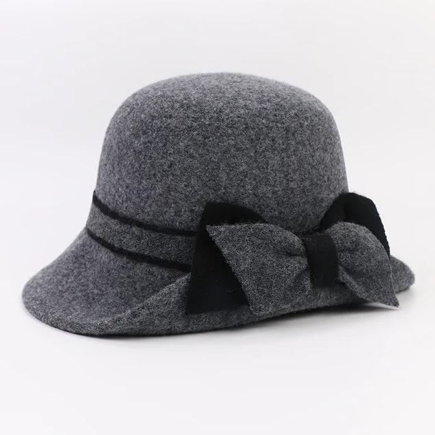 Women Party Formal Headwear Bucket Hat Lady Winter Fashion Asymmetric Ribbon Bowknot 100% Wool Felt Hats