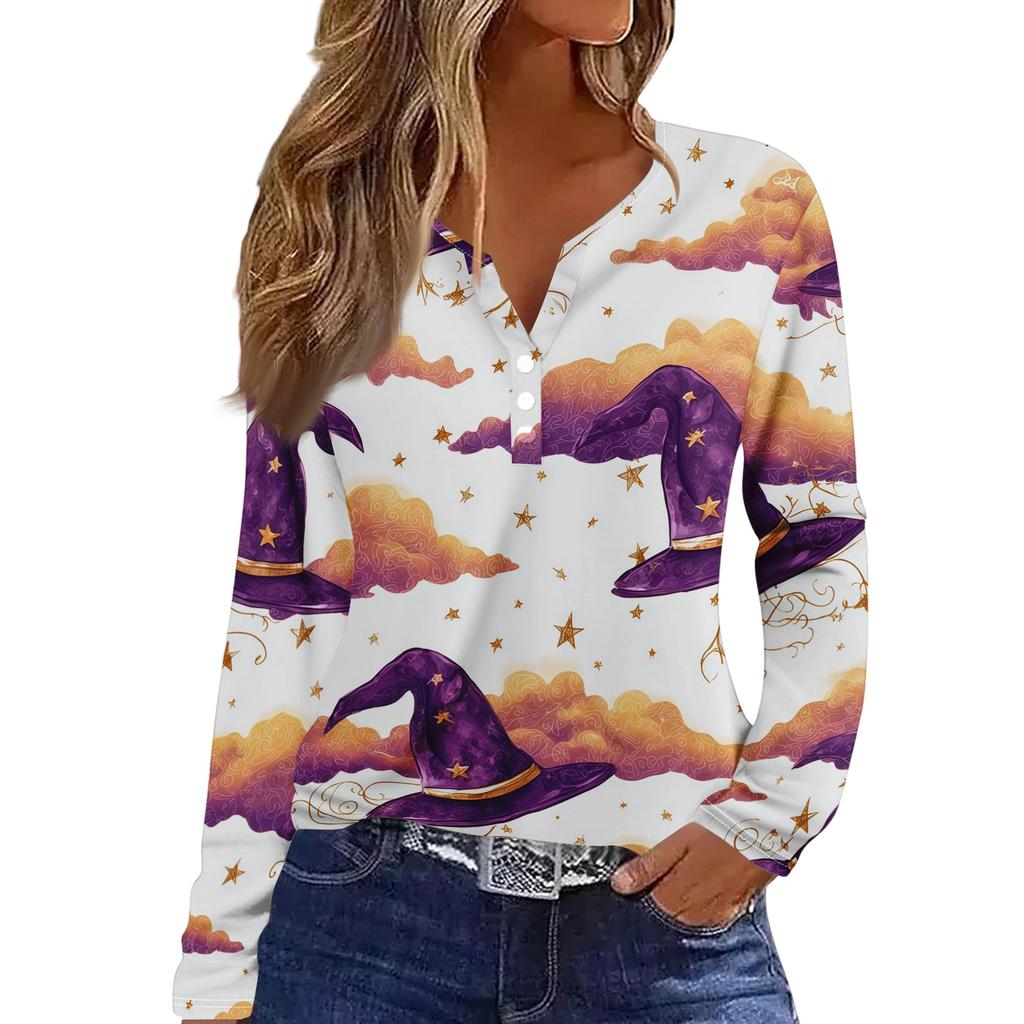 Women's Fashion Casual Halloween Printed V-Neck Button Trim Long Sleeve T-Shirt Top