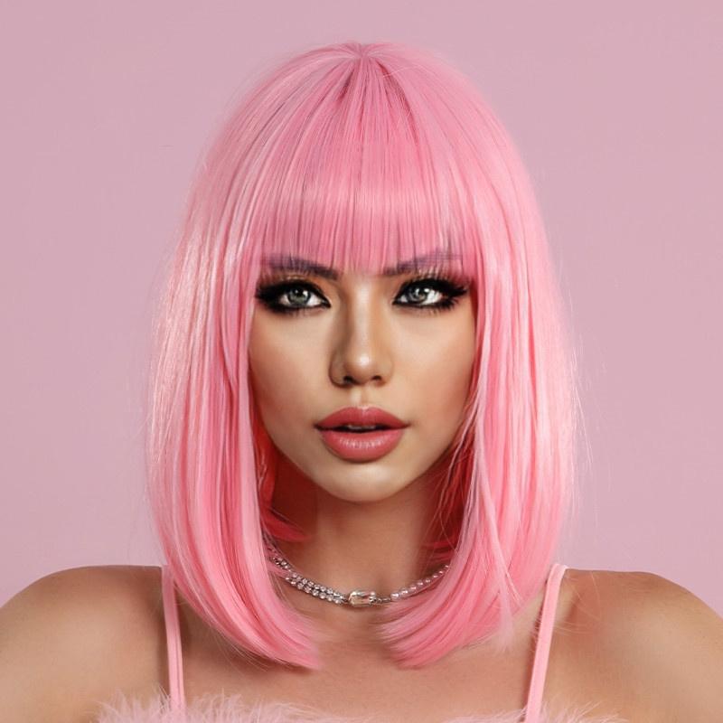 

Короткий розовый парик боб для косплея с челкой, синтетические прямые парики для женщин, парик для волос, натуральный, стильный, подходит для костюмных париков 16inches розовый