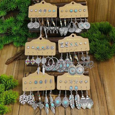 Ancient Silver Zinc Alloy Earrings Geometric Round Colored Zircon Turquoise Inlaid With Ethnic Style SnakeEar Gewelry Gifts