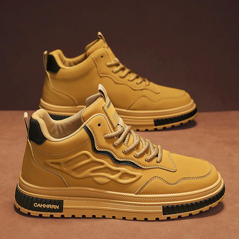 Autumn And Winter Men'S Leather Splicing Sports Board Shoes Retro Thick-Soled Heightening Lace-Up Casual Mid-Top Trendy Shoes Men'S Shoes