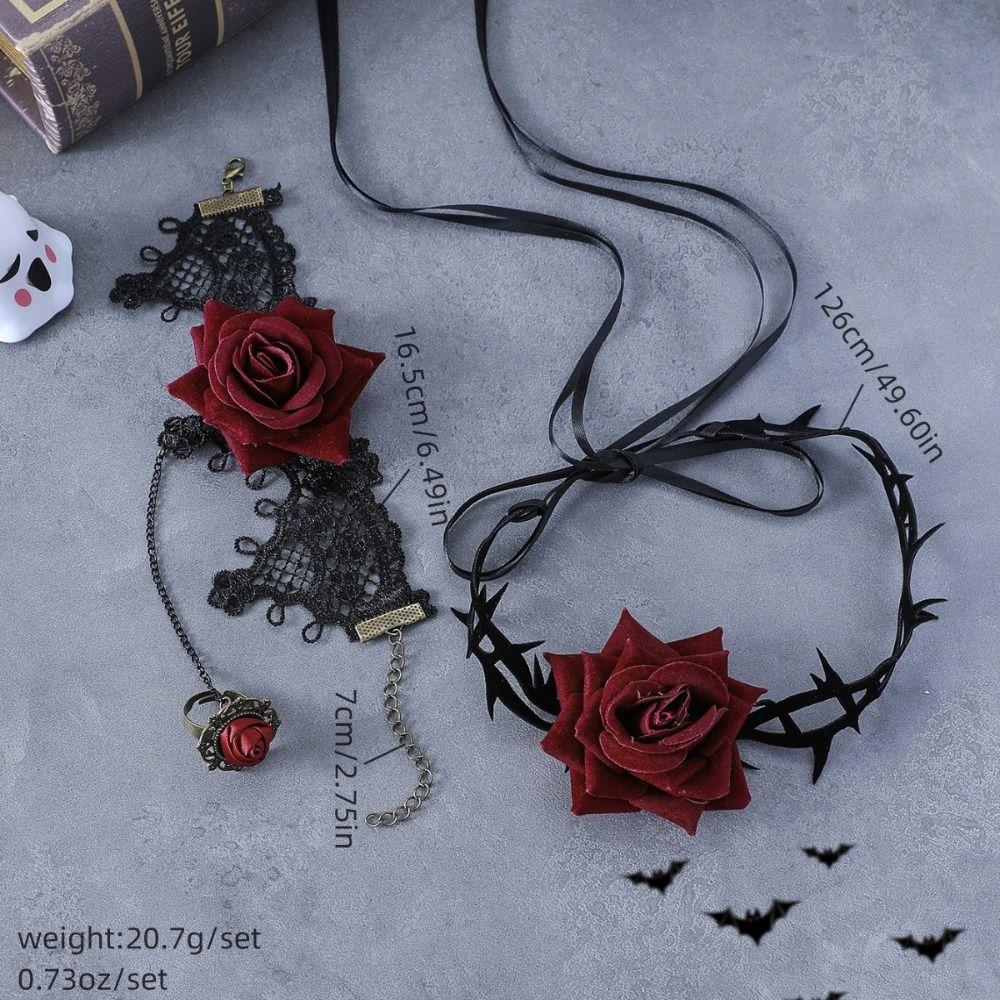 Bracelet Halloween Necklace Exaggerated Gothic Earrings Lace Flower Jewelry Set Halloween Costume