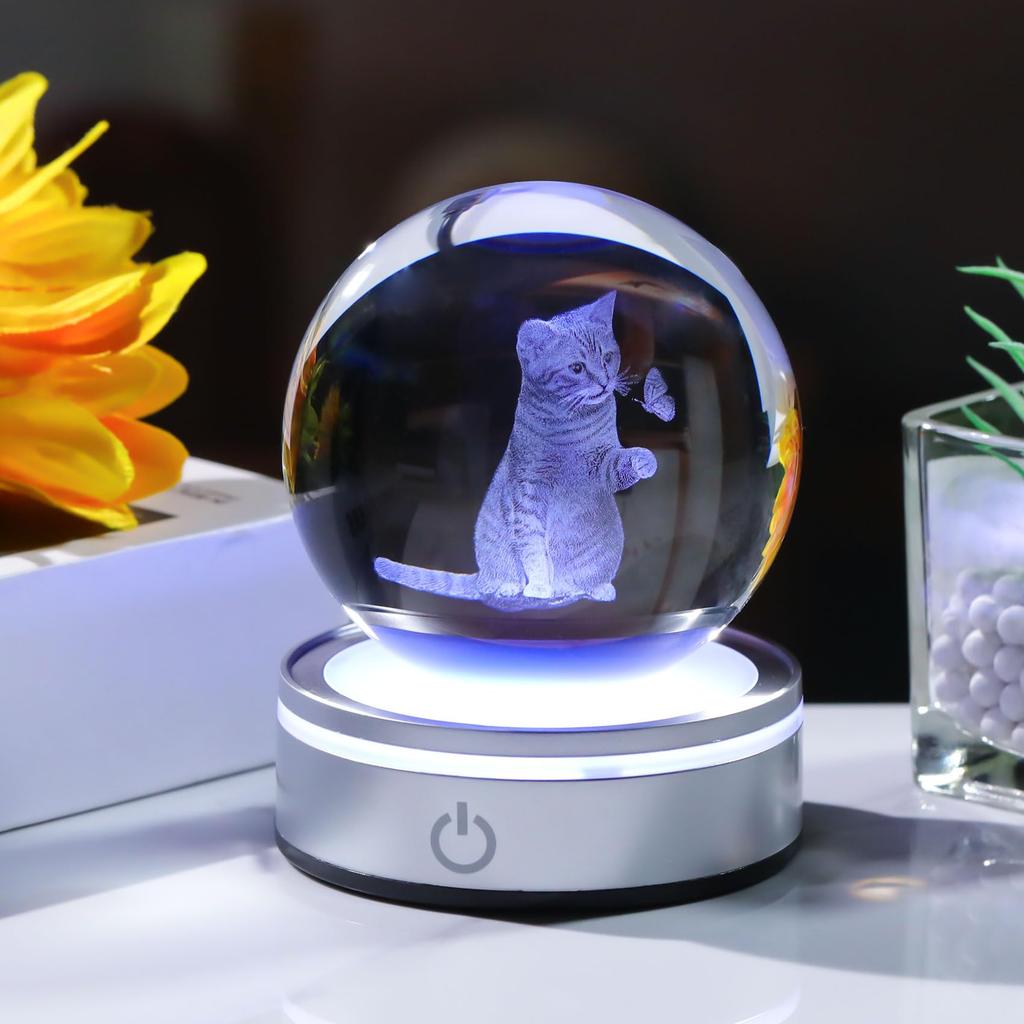 Kertari K9 Crystal Ball Cat Cute Birthday Gift for Girlfriends Popular Interior Cat Goods Butterfly Figurine Stylish Relaxation Goods Crystal Ball LED