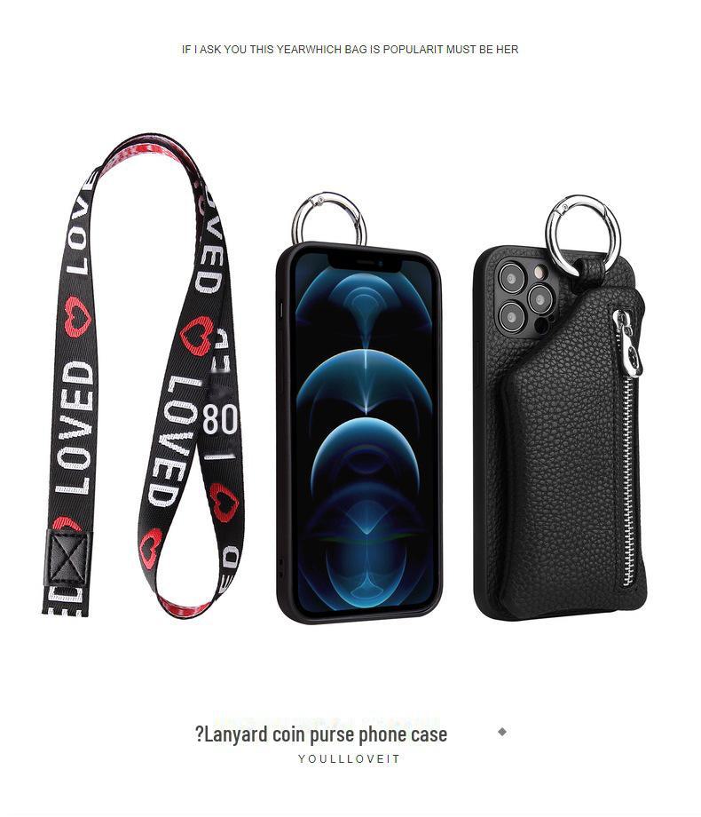 Capa para iPhone 14ProMax/13Pro/12/11 com cordão diagonal e porta-moedas