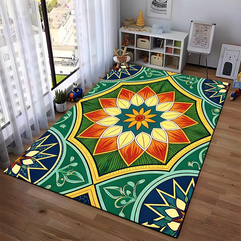 Mandala Flower Pattern Carpet with Vibrant Green and Orange Design Suitable for use as an anti-slip for living room bedroom sofas