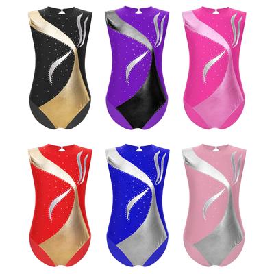 Girls Gymnastics Performance Leotard Metallic Shiny Patchwork Rhinestones Keyhole Back Sleeveless Bodysuit