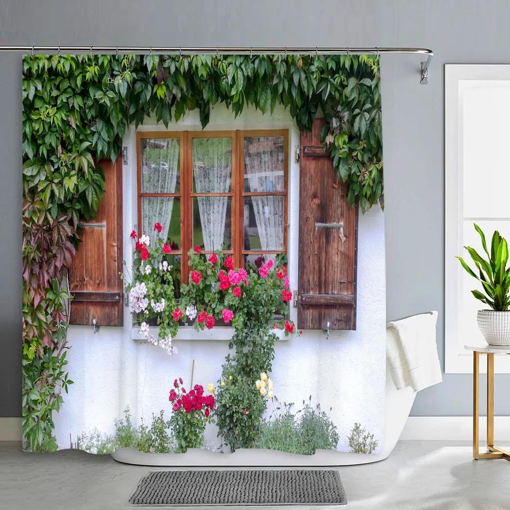 Old Door With Flowers In Verona Italy Shower Curtain Outdoor Street Garden Landscape Polyester Shower Curtains Bathroom Decor