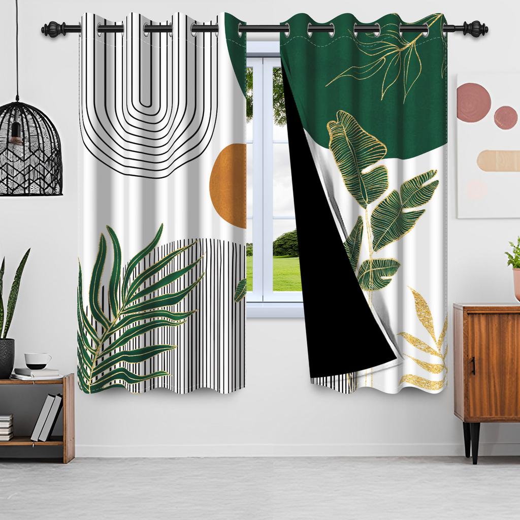 2pcs Nordic Style Blackout Curtains Green Leaves Moon Window Curtains Sun Simple Minimalism Nordic Lines Home Interior Curtains