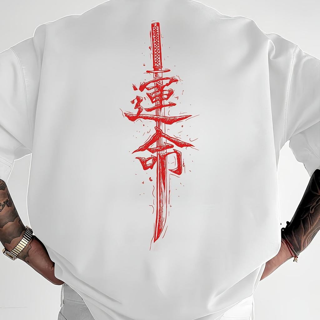 Mens Short Sleeved Tshirt with Japanese Samurai Sword Pattern Fashionable and Casual Round Neck Top for Spring and Summer