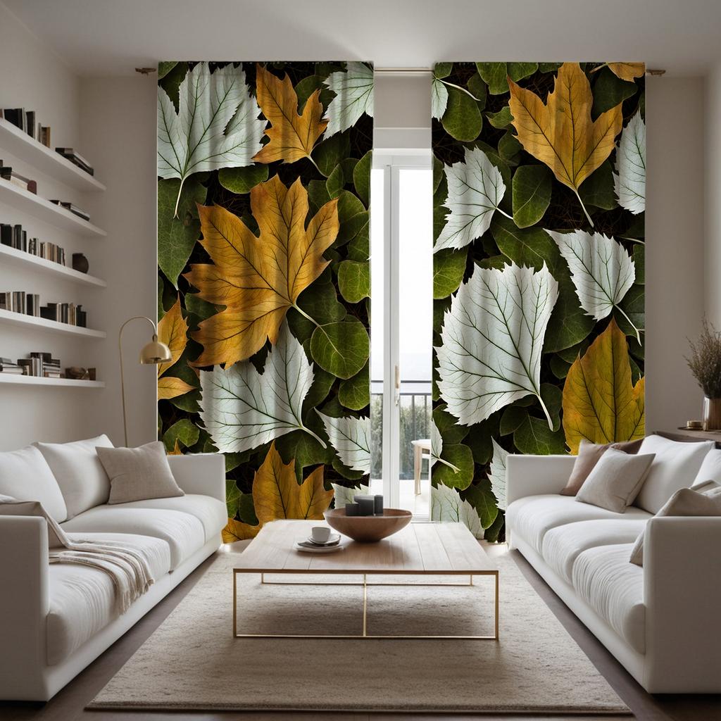 2pcs HD yellow-green maple leaf curtains everywhere Green tie digital printed curtains Home decoration style Decorate living