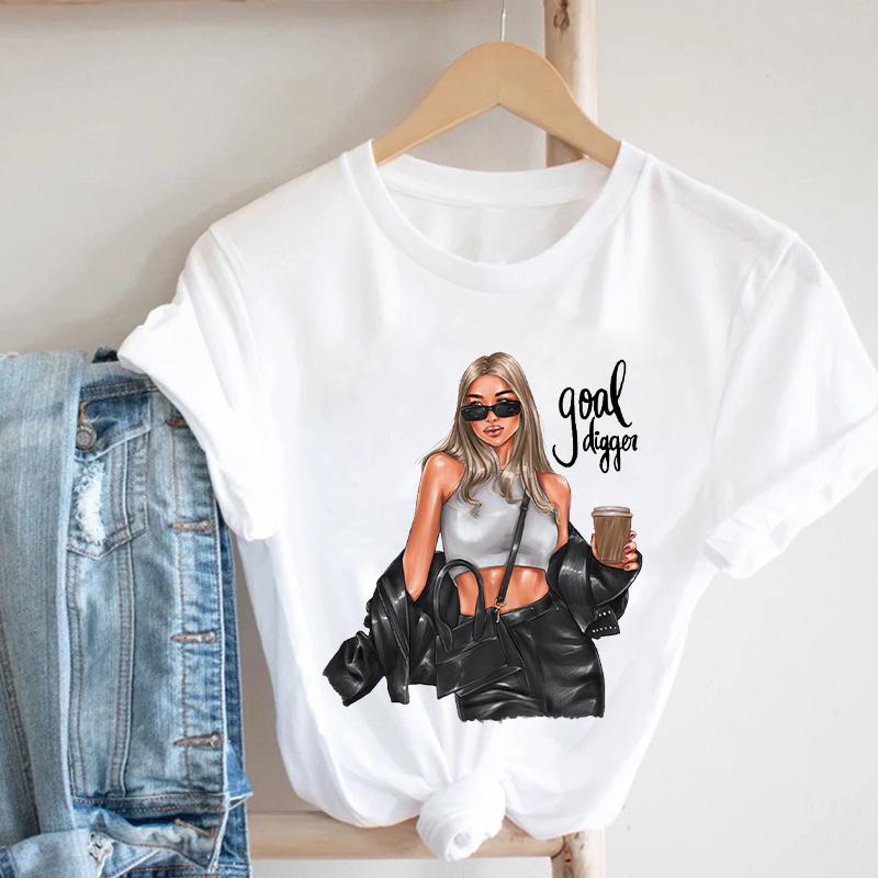 Women Black T Shirt Graphic 2025 Cool Girl Print 90S Fashion Tshirt Female Clothes Short Sleeve Kawaii Tops Tee Ladies T-Shirt