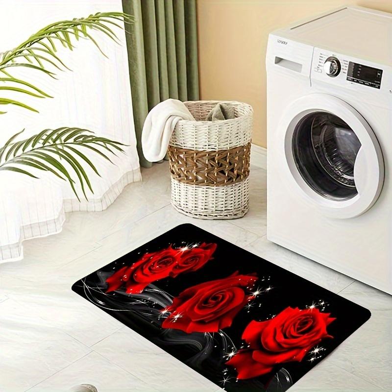 Modern Rose Flower Print Kitchen Mat, Colorful Non-Slip Indoor Carpet, Decorative Area Rug for Bathroom Bedroom Living Room