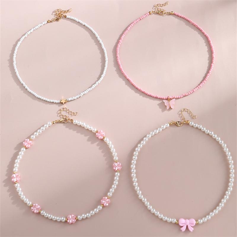 4Pcs/Set Jewelry Pink Love Butterfly Pendant Imitation Pearl Rice Beads Handmade Beaded Children Necklace Friend Gift