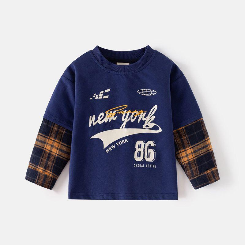 Spring and Autumn Boys' Pure Cotton Fake Two Pieces Long Sleeves T-shirt K-style Children Letters Kids Drop-Shoulder Sleeve Bottoming Shirt