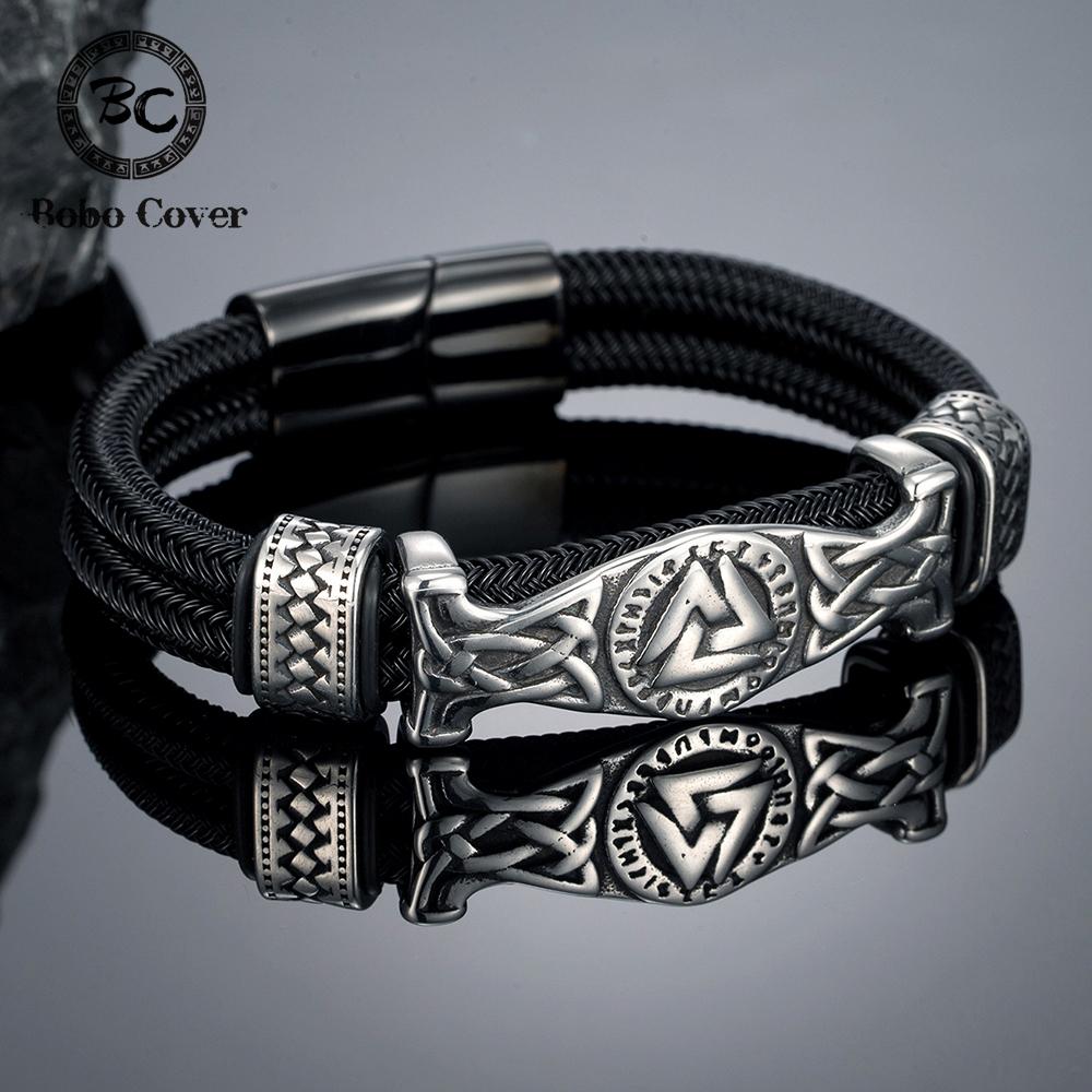 Bracciali in Acciaio Inossidabile con Rune Norrene Valknut da Uomo, Corda Metallica a Doppio Strato Inossidabile, Bracciale con Ciondolo, Gioielli Vichinghi, Lussuosi Regali Maschili