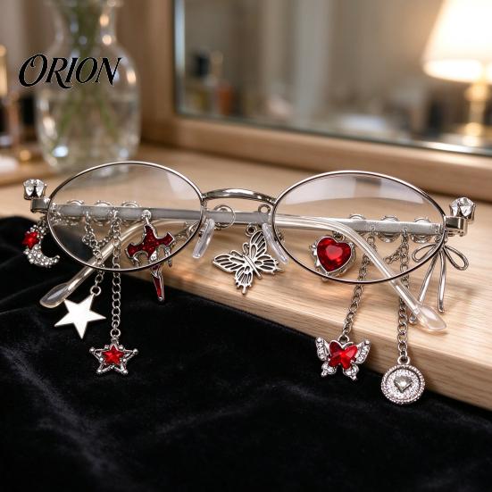 Personalized Styling Eyewear Aesthetic Oval Fake Glasses with Pendant, Anti-Blue Light Decorative Metal Fashion Eyewear, for Teen Girls Butterfly Star