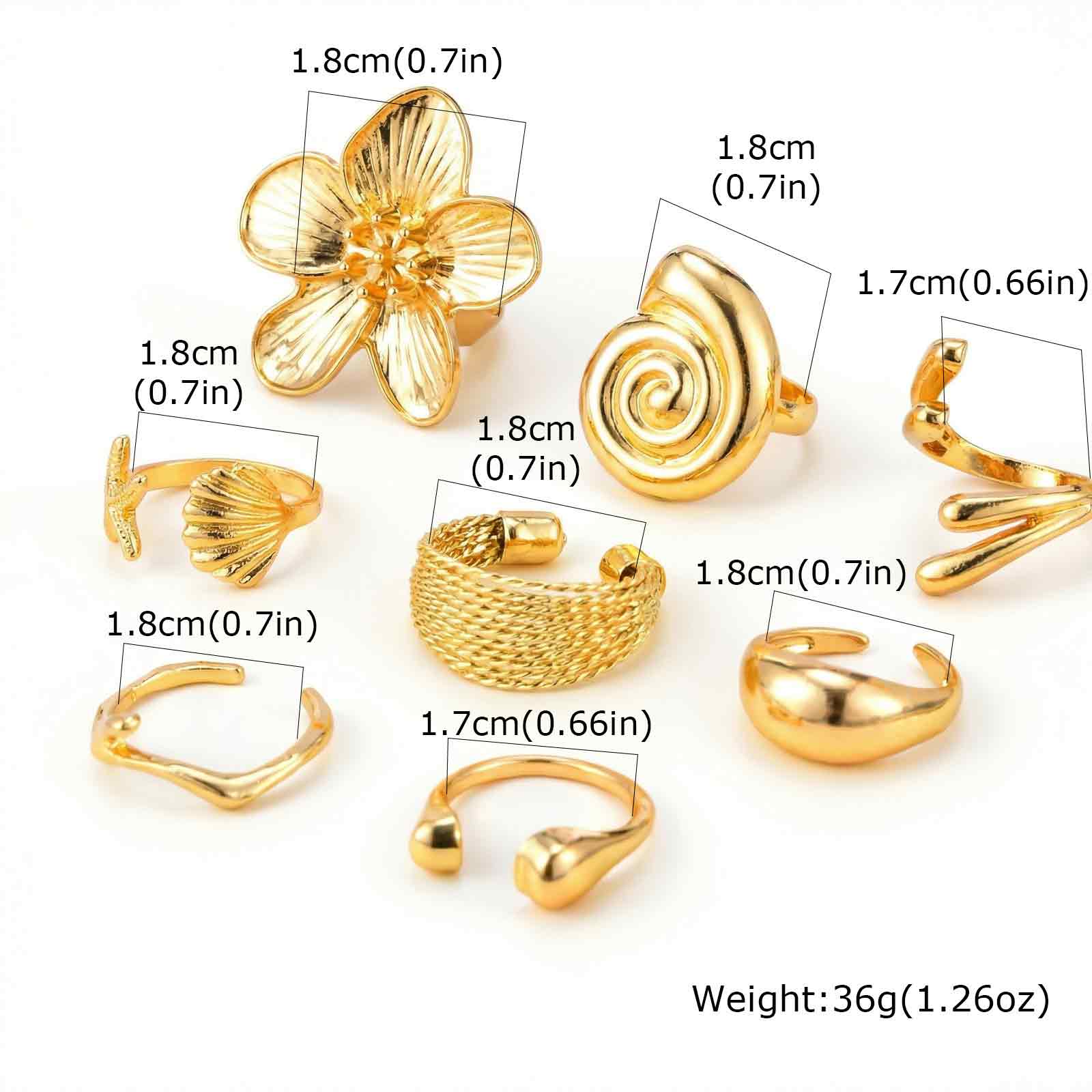 

6Pcs Gold Plated Open Ring Set for Women, Flower Starfish Seashell Knot Adjustable Engagement Party Jewelry Gifts