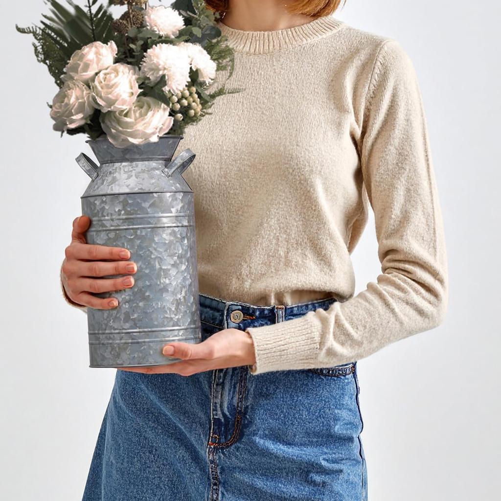 12" Inch, Galvanized Metal Farmhouse Centerpieces Milk Can Jug for Kitchen Cabinets Bedroom Decoration, Rustic Table Tin Vase, Vintage Country Flower