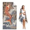 Japanese Koi Fish Beach Towel Flat Print Traditional Ukiyo-e Wave Bath Towel for Summer Travel Swimming Pool Outdoor Decor