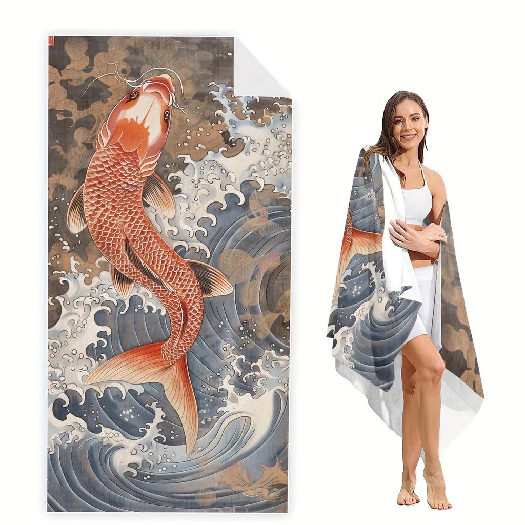 Japanese Koi Fish Beach Towel Flat Print Traditional Ukiyo-e Wave Bath Towel for Summer Travel Swimming Pool Outdoor Decor
