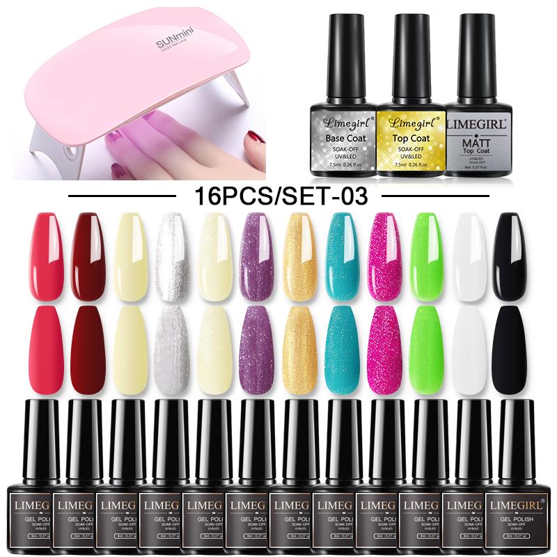 Limegril Nail Gel Manicure Set 18pcs Lamp Gel Tool Kit For Nail Art UV Lamp Permanent Nail Gel Polish Set With Base Top Coat Set