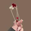 Traditional Hanfu Style Ginkgo Leaf Hair Stick with Red Velvet Zircon Inlay Pearl Red Bead Tassel Silver Metal Frame