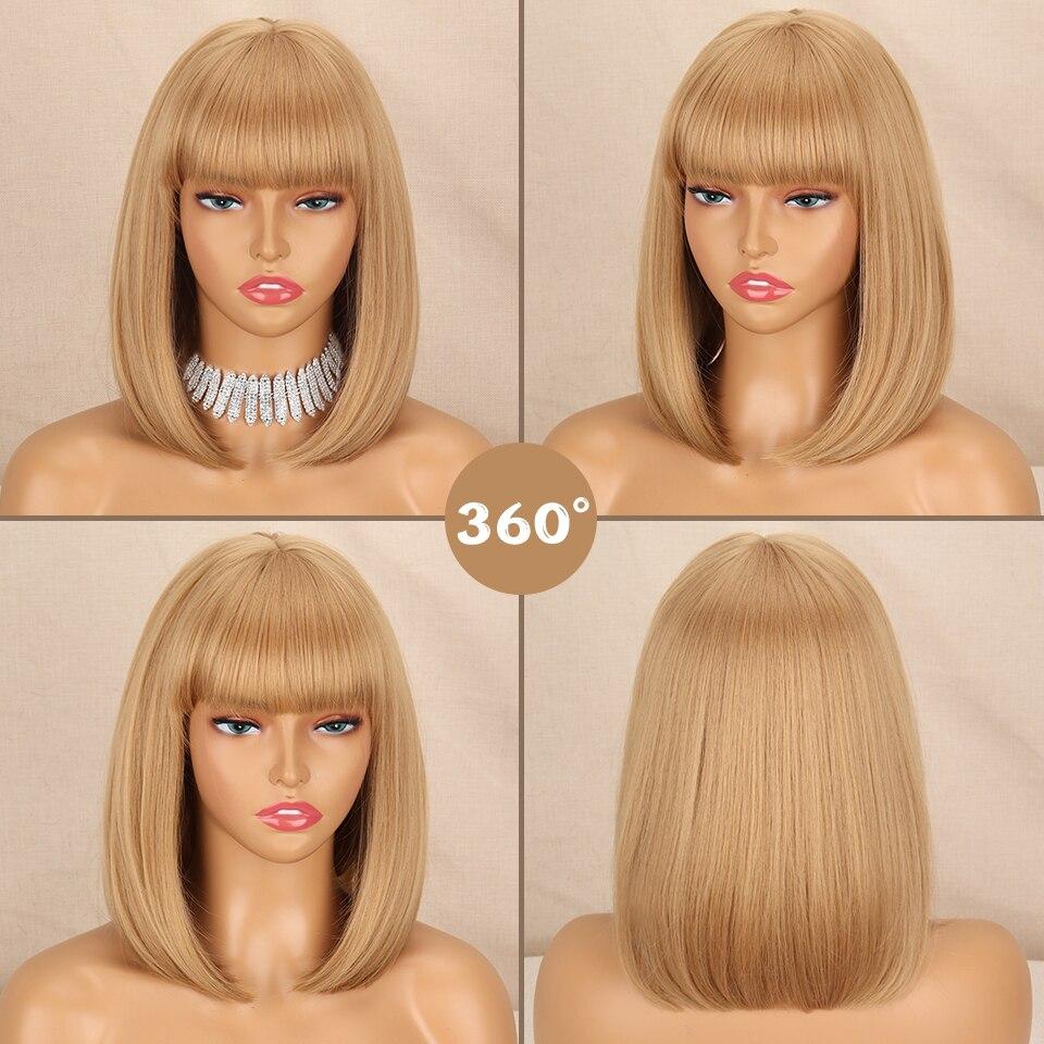 MISSQUEEN Short Straight Bob Wigs with Bang Blonde Golden Brown Natural Synthetic Hair for Women Daily Cosplay Heat Resistant Fiber Wig
