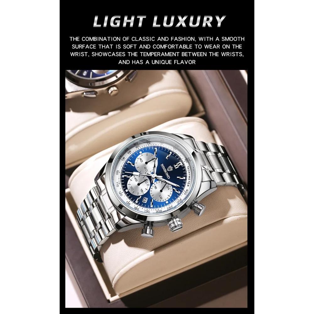 BINBOND Top Brand Luxury Man Watches Waterproof Luminous Date Chronograph Men's Quartz Watch Stainless Steel Sports Watch