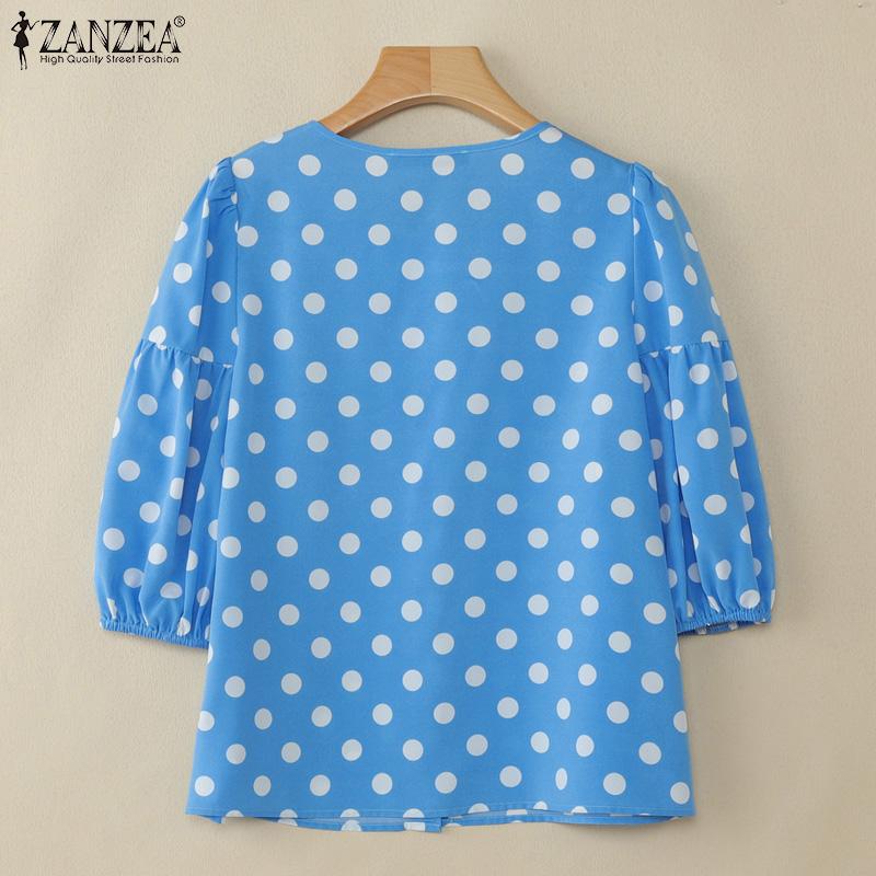 ZANZEA Women Casual V-Neck Loose Polka Dot Print 3/4 Sleeve Blouse