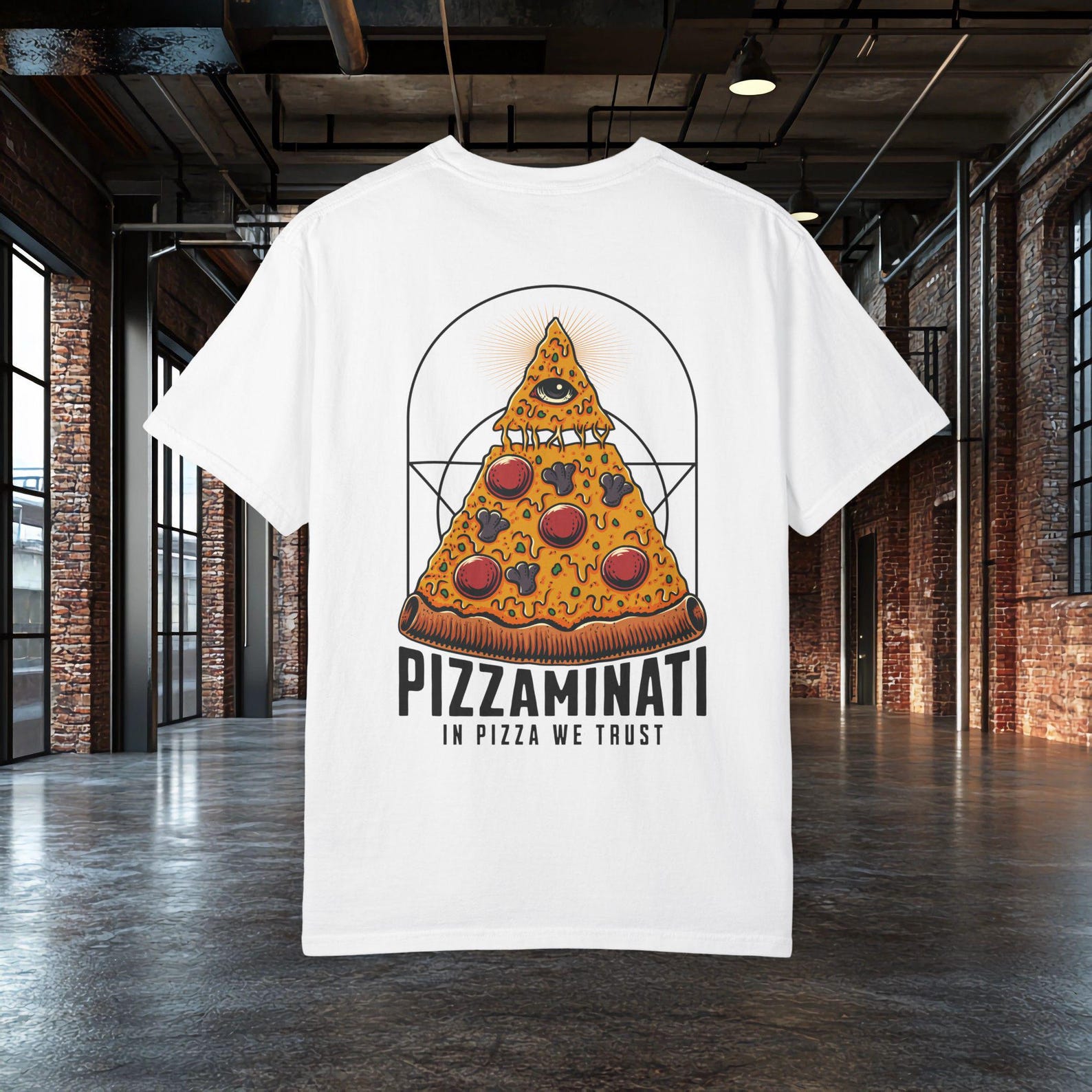 Pizzaminati Shirt, Funny Pizza Lover Tee, Pizza Cult Graphic Shirt, In Pizza We Trust Tee, Gothic Food Shirt, Funny Pizza Gift, Summer tee M