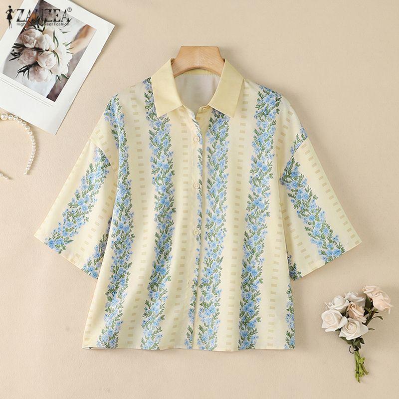 ZANZEA Women Casual Turn Down Collar Loose Half Sleeve Print Blouse