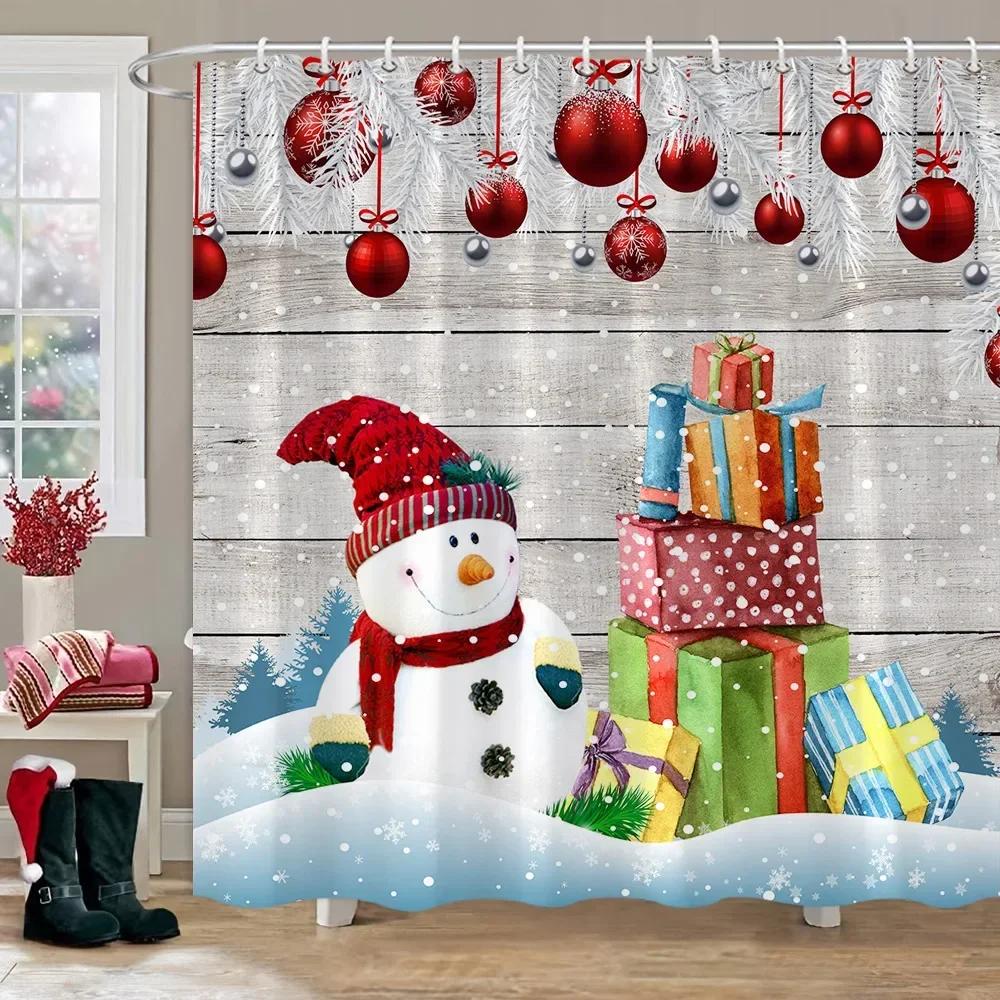 Christmas Gift Theme Shower Curtains Snowman Christmas Tree Mascot Ball Happy New Year Washable Home Bath Curtain Bathroom Decor