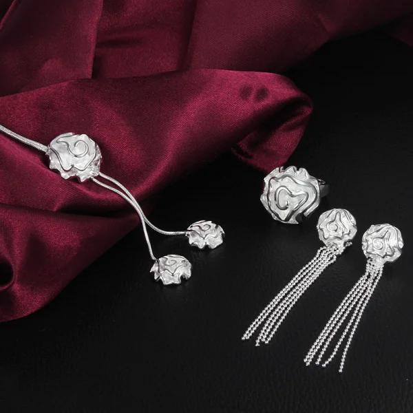 Fein Kupfer Hübsche Rosenblumen Halskette Ohrringe Ringe für Frauen Schmuckset Mode Party Hochzeitsaccessoires Geschenk