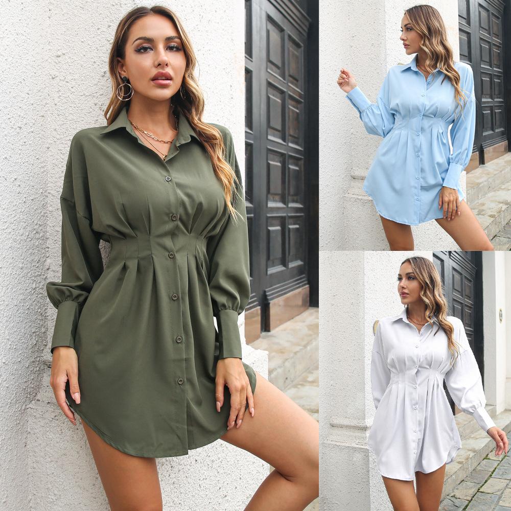 QICED Women's Fashion Autumn Winter Solid Color Print Long Sleeve POLO-Neck High Waist Casual Dresses