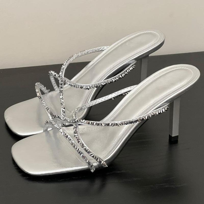 

Silver Mules Women s Summer High Heels Slippers Fashionable Sexy Slip-On Shoes Square Toe Elegant High-heeled Sandals Women 39 срібний