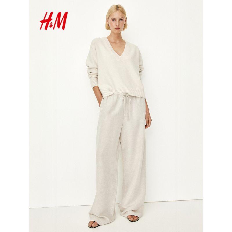 

Женская одежда HM Брюки 2025 Лето Новое поступление Женская одежда Повседневные Брюки прямого кроя из смеси льна 1259076 Dark Brown/Stripes 175/100