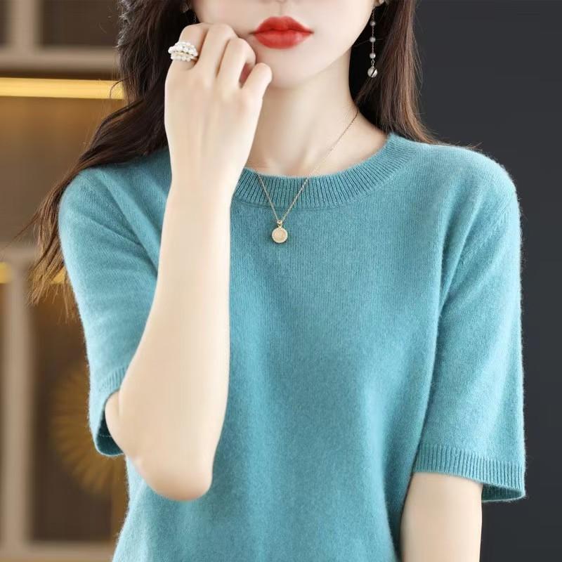 Loose Women's Round Neck Short Sleeve Knitted Sweater T-Shirt Base Layer Spring Autumn Short Top