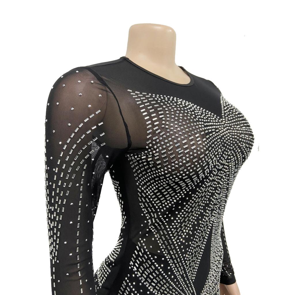 Vestido de noche Vestido largo de manga larga con diamantes de imitación transparentes de malla de color sólido para mujer a la moda