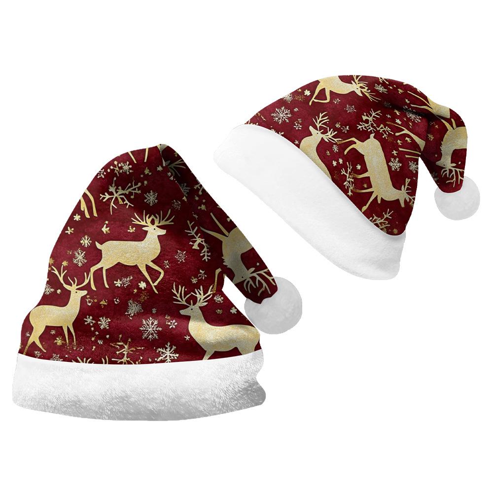 2024 Christmas Double-Sided Fleece Hat for Adults & Kids – Short Plush, Velvet, with Christmas Element Print