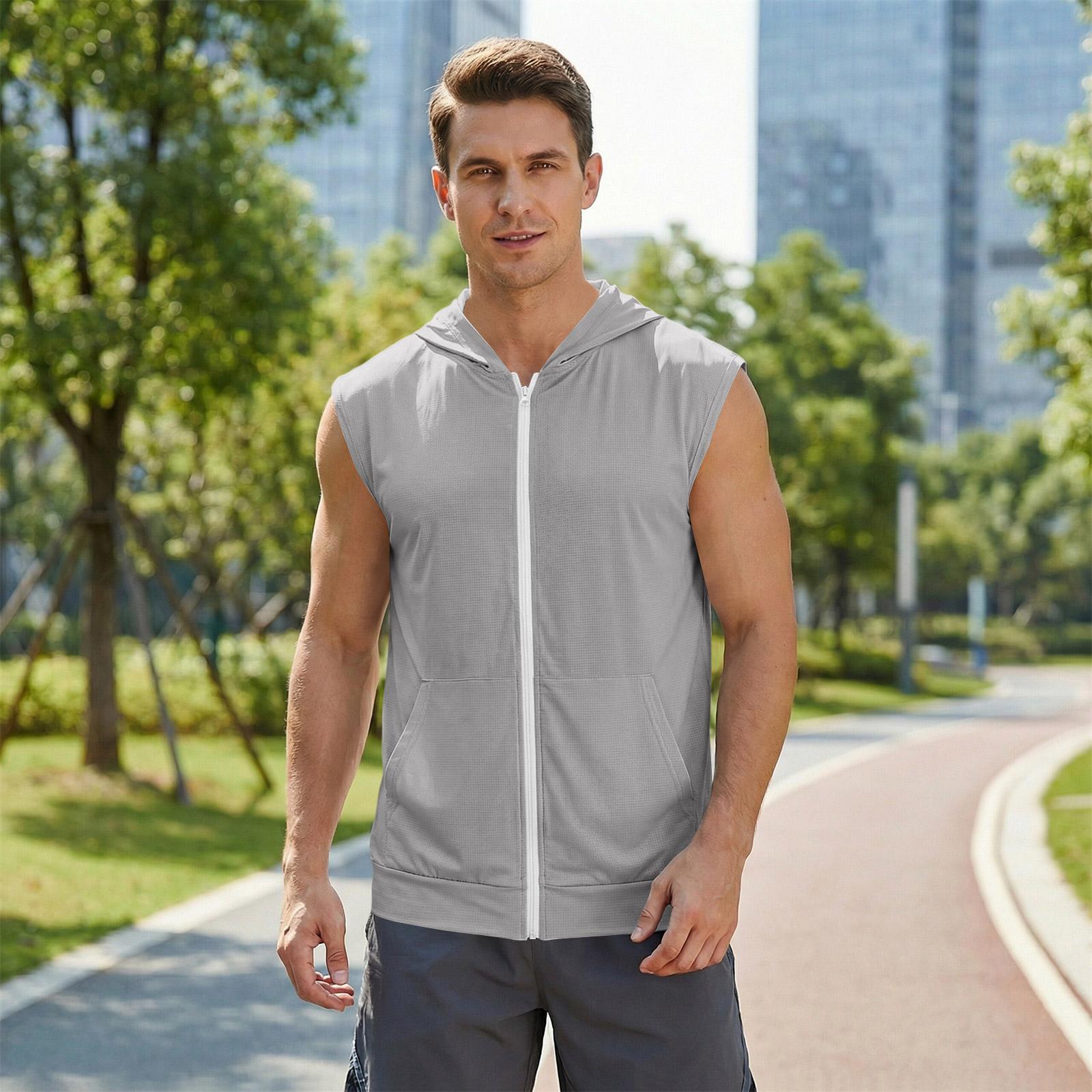 

Men Sleeveless Zip Up Hoodie Lightweight Hooded Vest with Pockets Athletic Workout Casual Top for Gym Running Training XXL