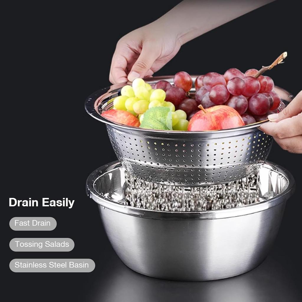 Germany Multifunctional Stainless Steel Basin,Multi Stainless Steel Basin with Grater Vegetable Cutter Slicer Grater Strainer Drain Basket Salad