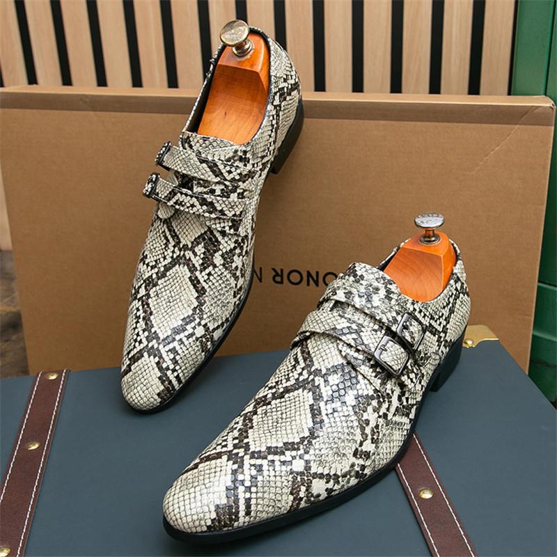 Britain New Fashion Gentleman Pointed Snakeskin Pattern Casual Shoes For Men Monk Strap Loafers Formal Wedding Dress Footwear