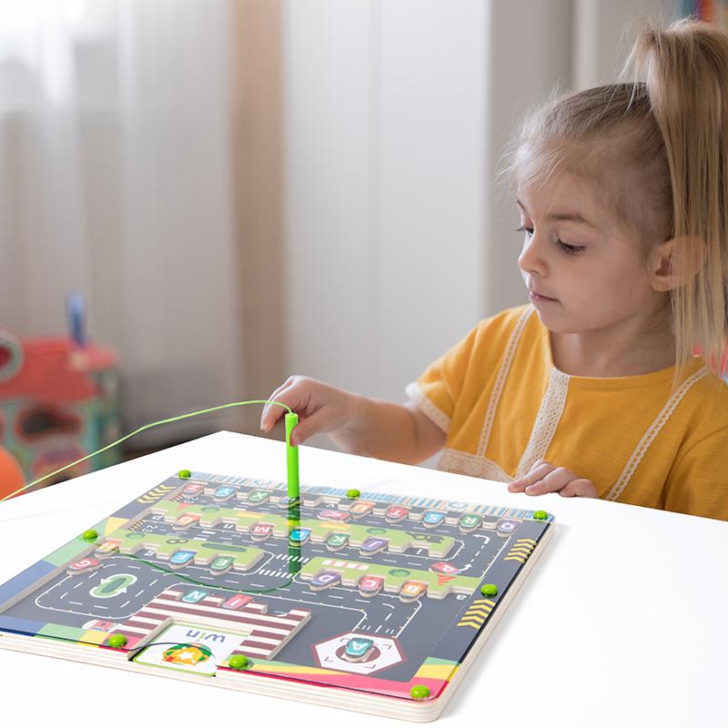 Montessori Wooden Magnetic Alphabet Maze Letter Puzzle Motor Skills Toys Gifts for Kids Parking Lot Puzzle for Children Toddlers