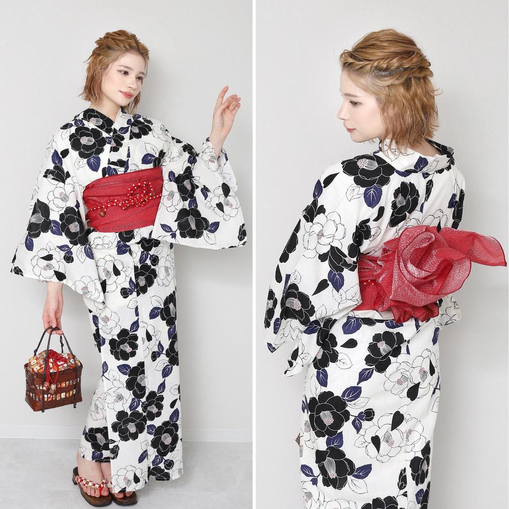 Fuuka 5L Yukata with Heko Obi Large Black and White in [Fuuka] Women's 2-piece Set, Size, Camellia, (Heko Obi/Made Japan/Red) X3604-5LB115