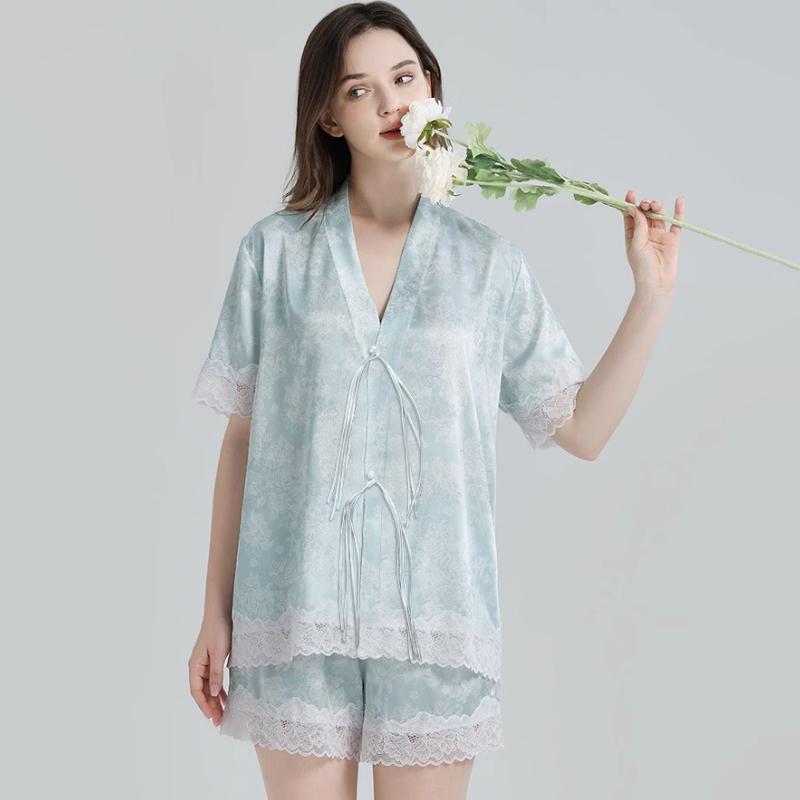 

Китайский древний стиль цветочный принт узел женская пижама классическая элегантная эстетика домашняя одежда летние кружевные домашняя одежда XXL