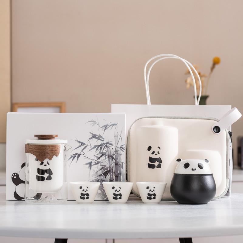 Panda Merchandise Travel Tea Set a Pot of Three Four Six Cups Suet Jade Porcelain High-end Corporate Business Gift Set