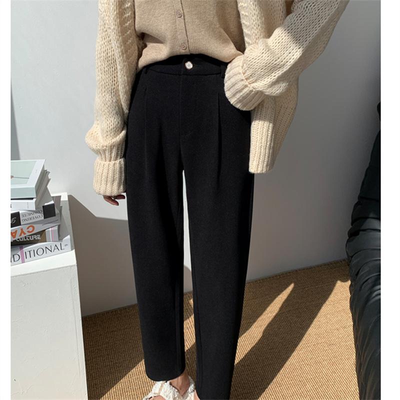 Autumn Winter High Waist Warm Thicken Wide Leg Pant Elegant Office Ladies Causal Loose Solid Simple Elegant Straight Trouser