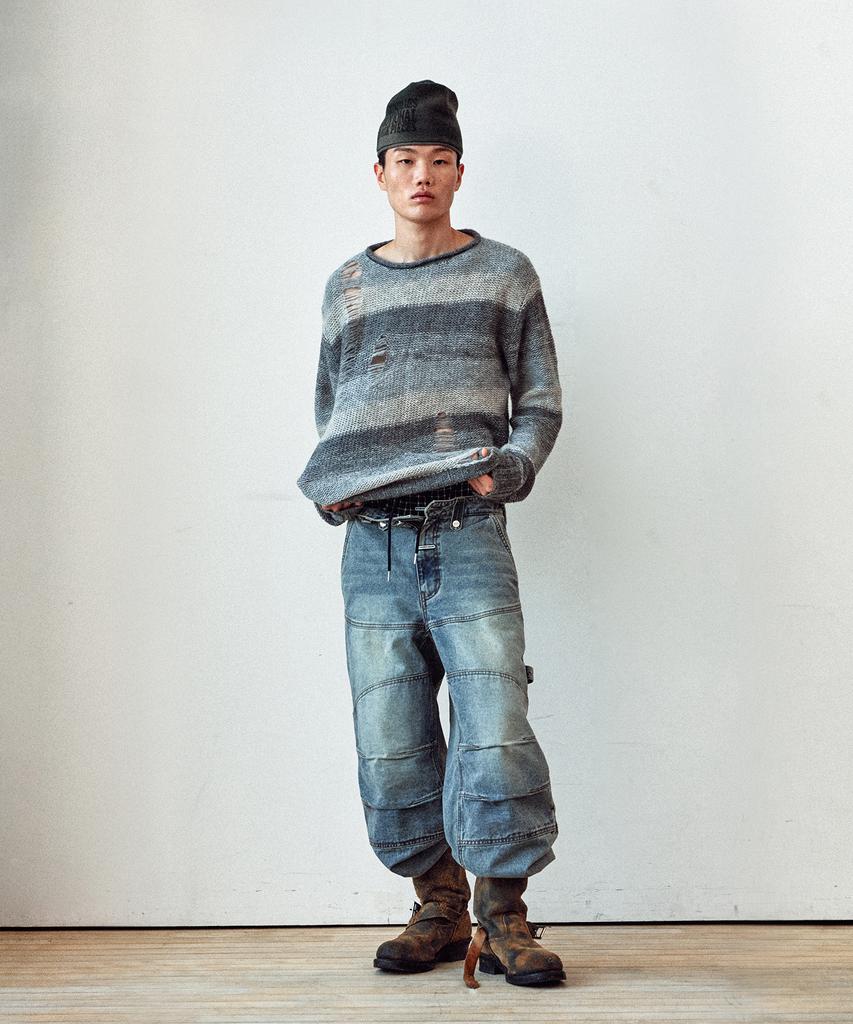 THEVINYLHOUSE Grunge Stripe Sweater Gray
